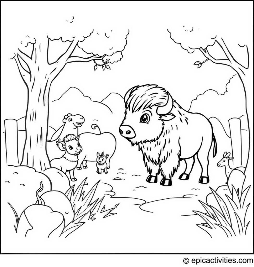 Coloring page of a Bison at the Zoo
