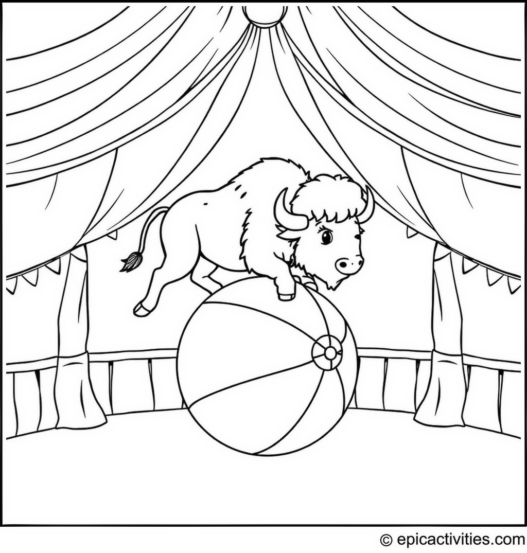Coloring page of a Bison Balancing on a Beach Ball in a Circus Tent