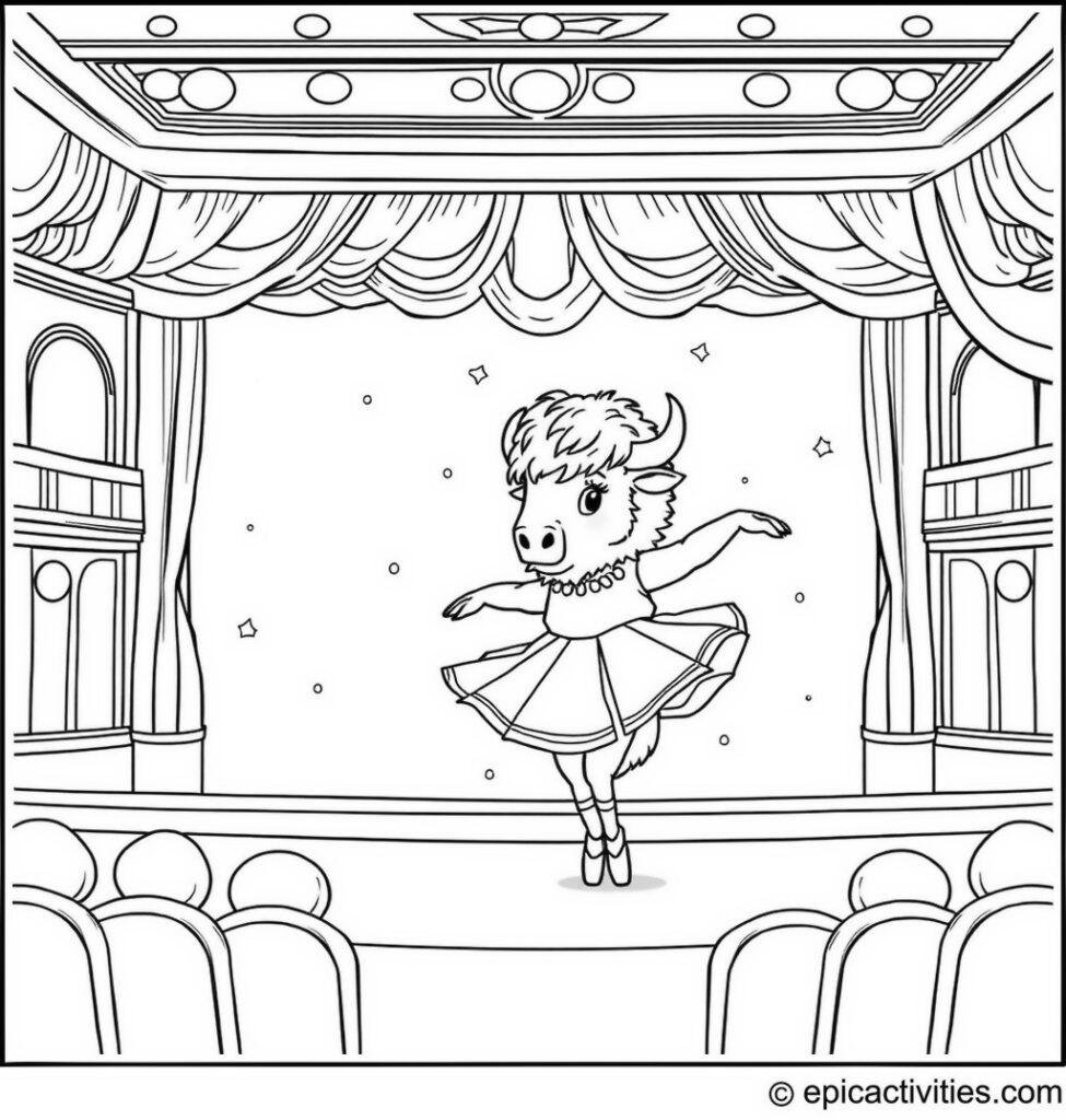 Coloring page of a Bison Ballerina in a Grand Theater