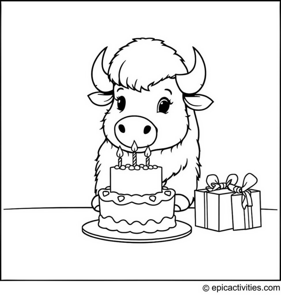 Coloring page of a Bison Celebrating a Birthday Party