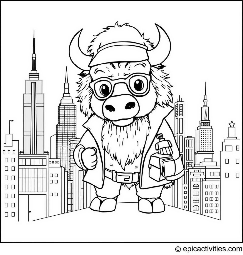 Coloring page of a Bison Detective in a City Solving Mysteries