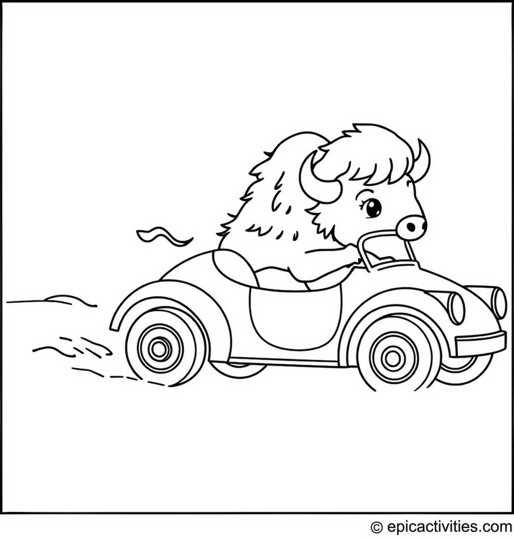 Coloring page of a Bison Driving a Small Car in a Playful Race