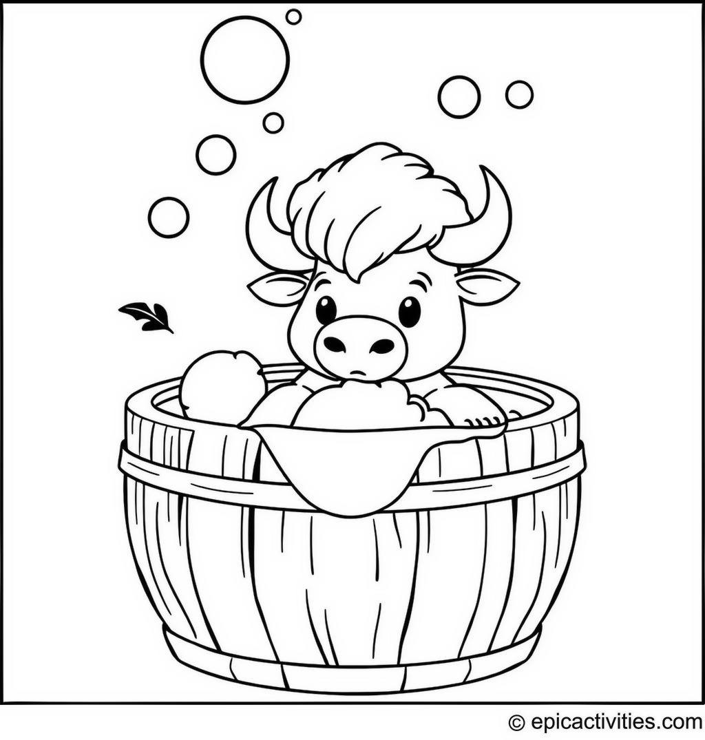 Coloring page of a Bison Enjoying a Bubble Bath in a Wooden Barrel