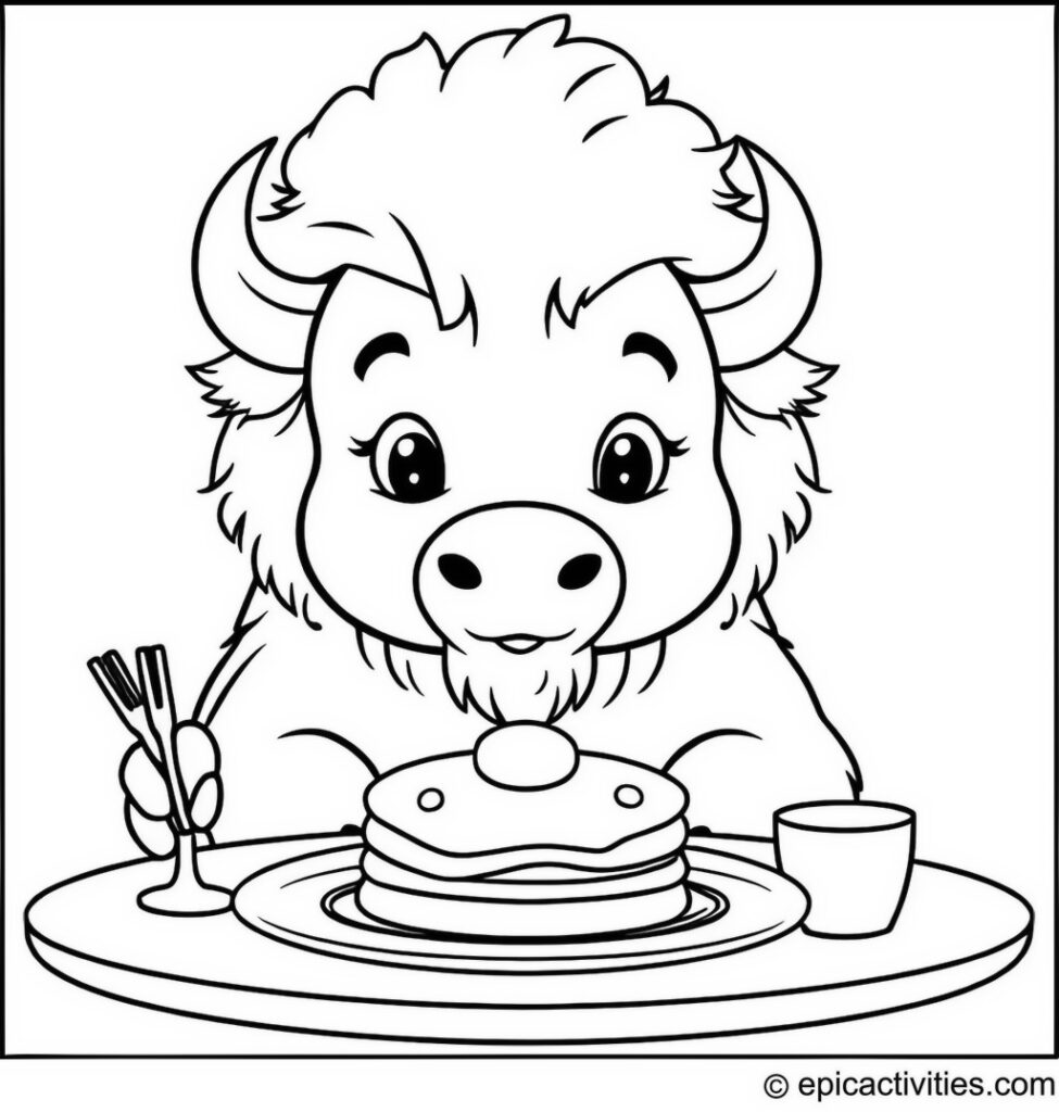Coloring page of a Bison Enjoying a Pancake Breakfast