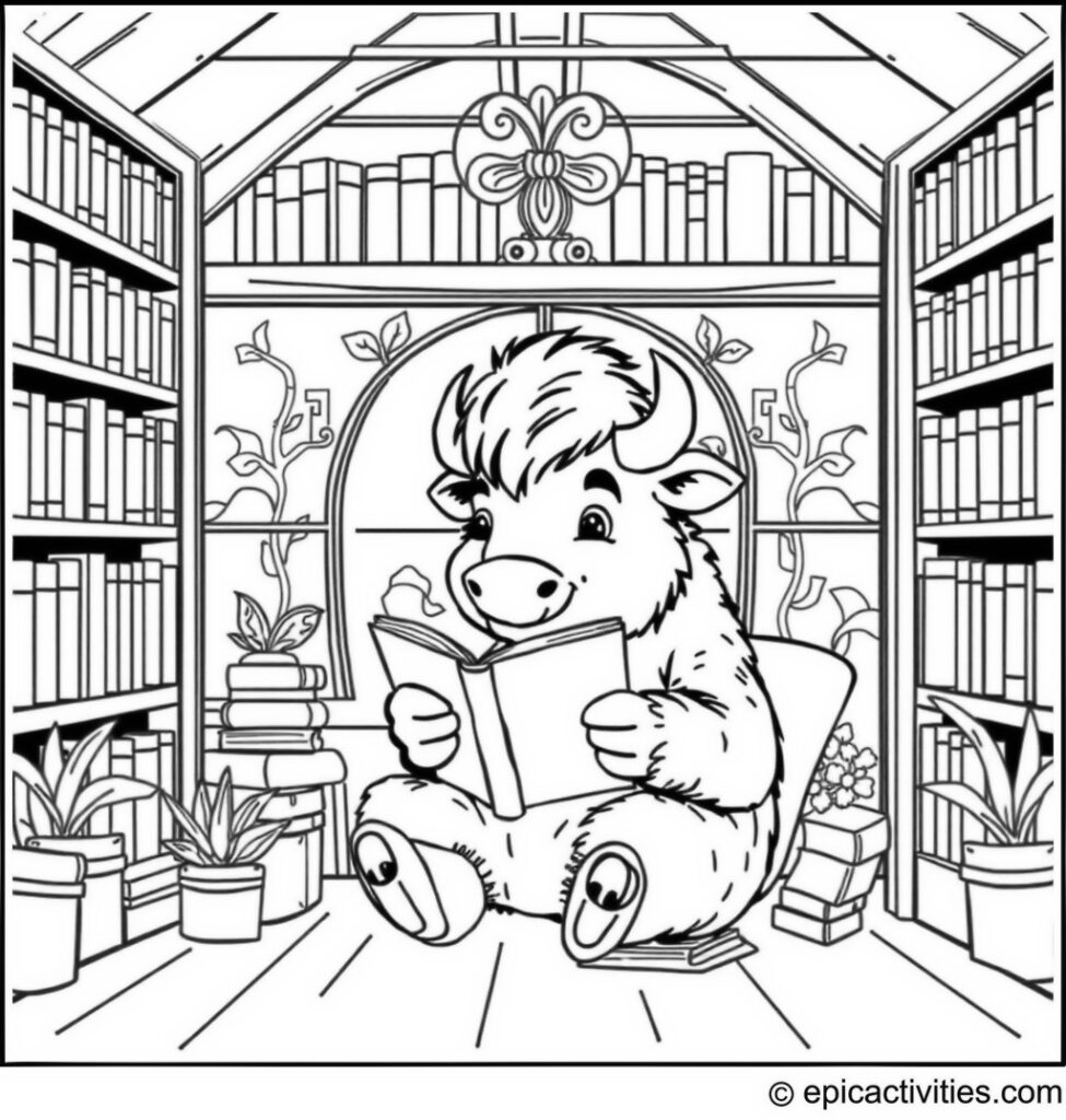 Coloring page of a Bison Enjoying Books in a Cozy Library
