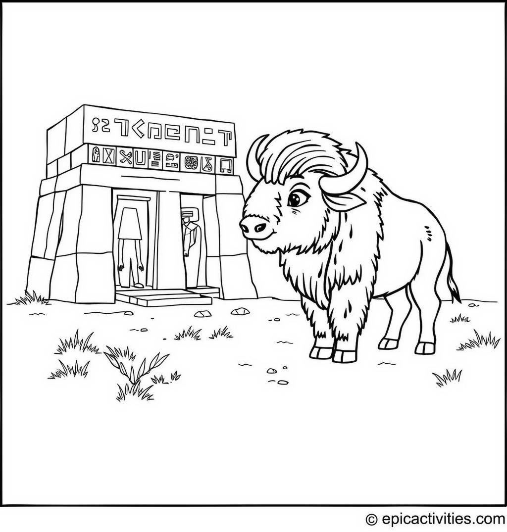 Coloring page of a Bison Exploring Ancient Ruins with Mysterious Hieroglyphs