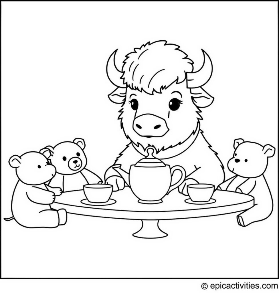 Coloring page of a Bison Having a Tea Party with Stuffed Animals