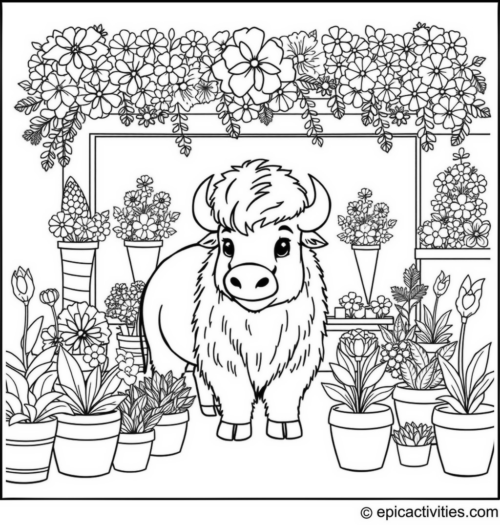 Coloring page of a Bison in a Flower Shop