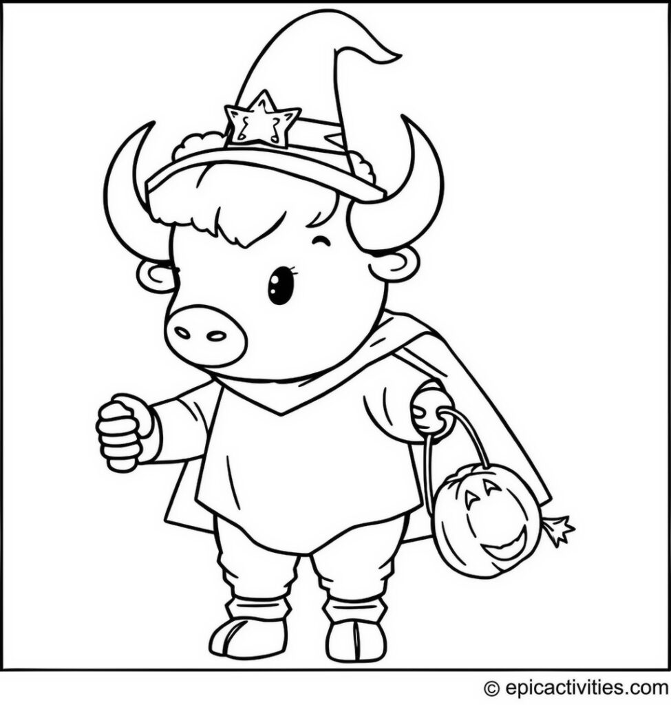 Coloring page of a Bison in a Halloween Costume Trick-or-Treating