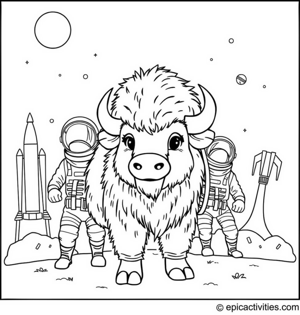 Coloring page of a Bison in a Space Camp with Astronauts and Rockets