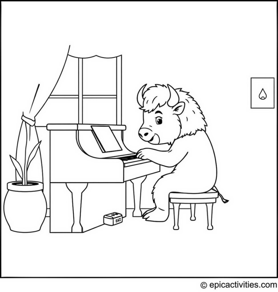 Coloring page of a Bison Playing a Piano