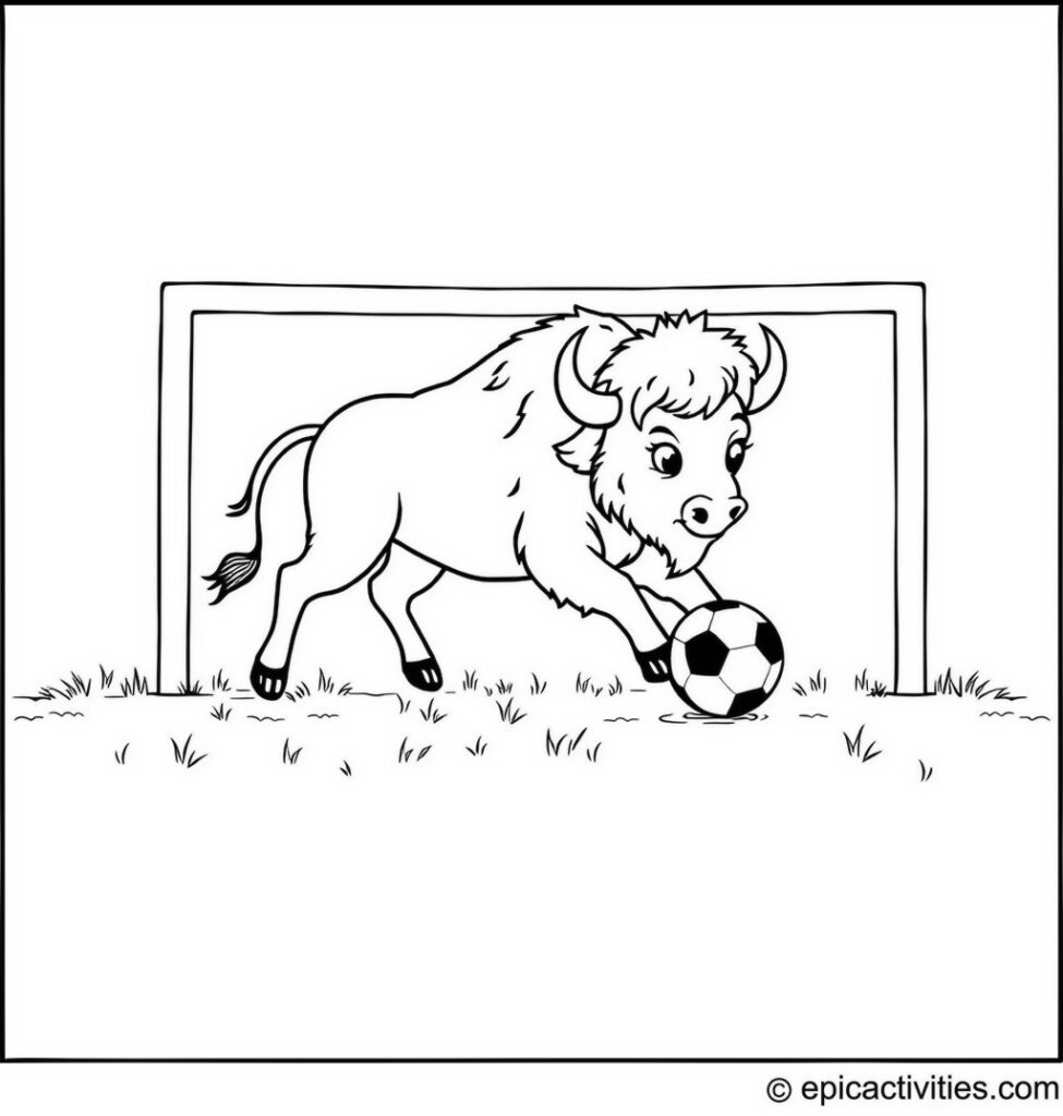 Coloring page of a Bison Playing Soccer