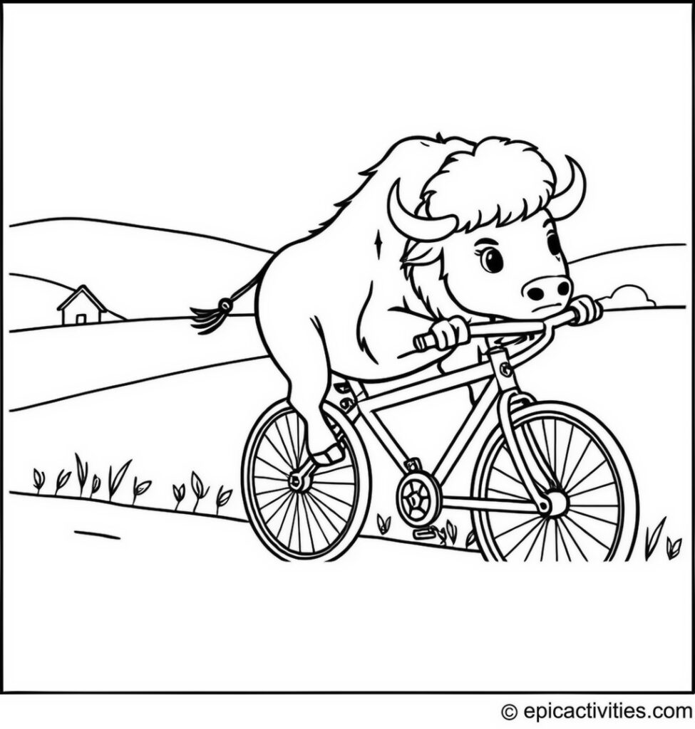 Coloring page of a Bison Riding a Bicycle in the Countryside