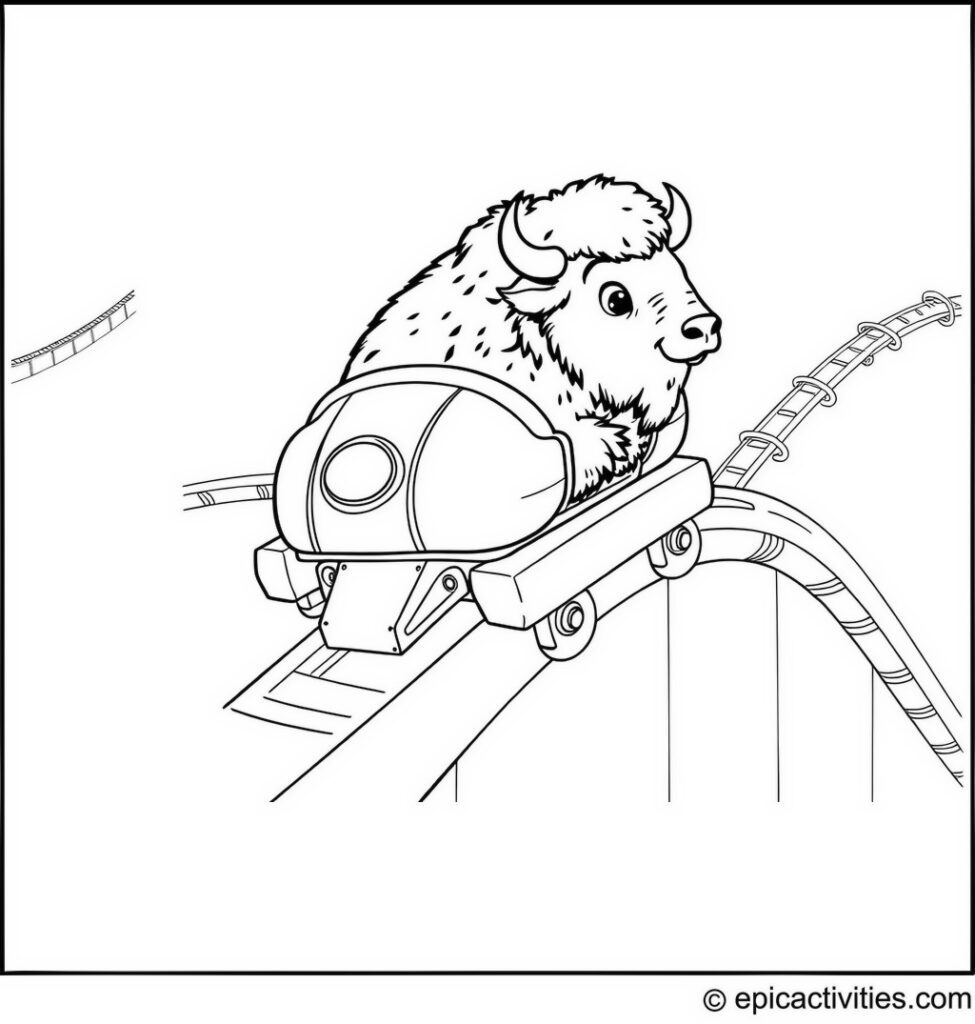 Coloring page of a Bison Riding a Roller Coaster at an Amusement Park