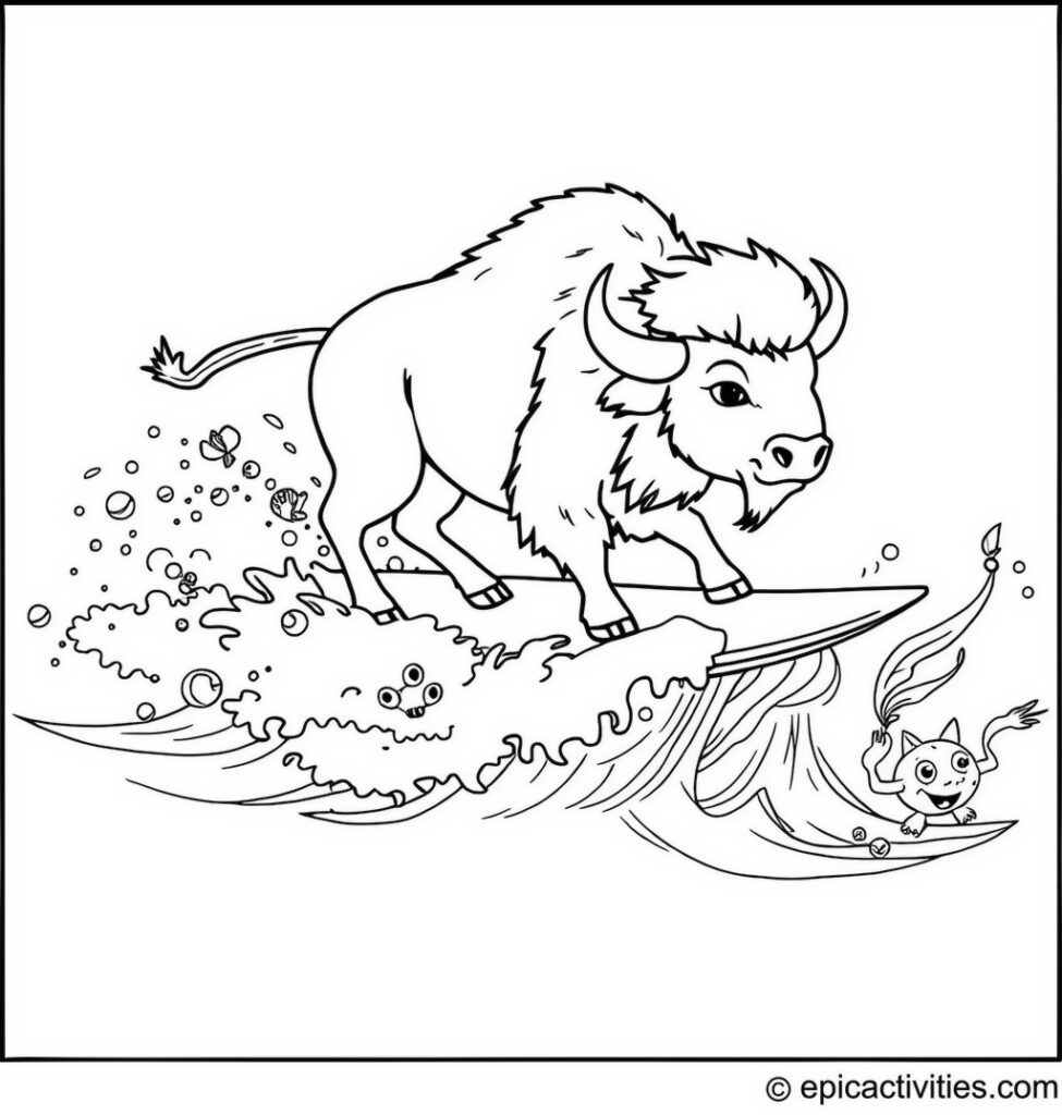 Coloring page of a Bison Surfing on a Wave with Sea Creatures