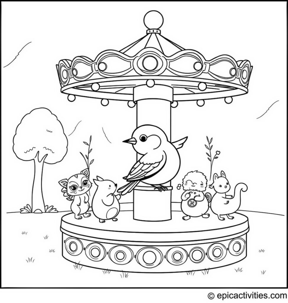 Coloring page of a Bluebird Enjoying a Merry-Go-Round Ride with Tiny Animals