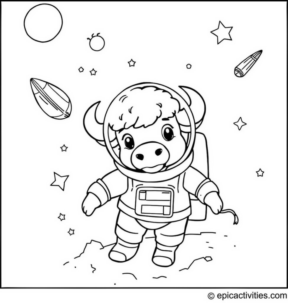 Coloring page of a buffalo astronaut exploring a colorful planet