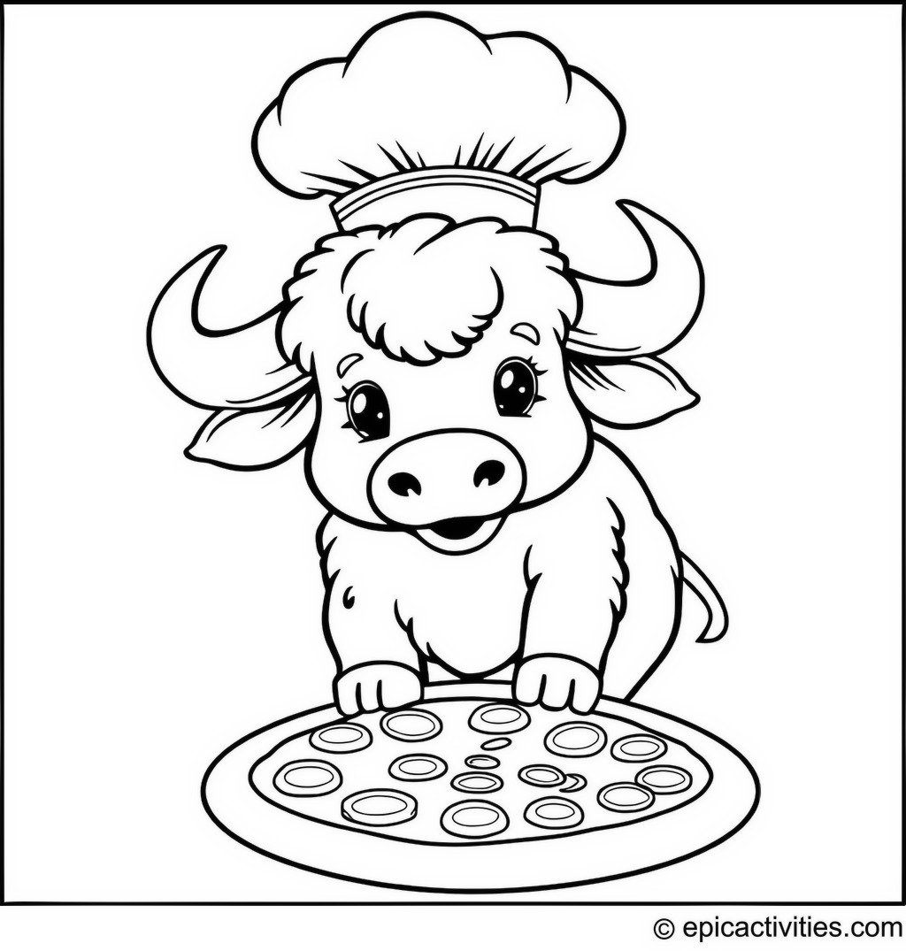 Coloring page of a Buffalo Chef Making a Pizza