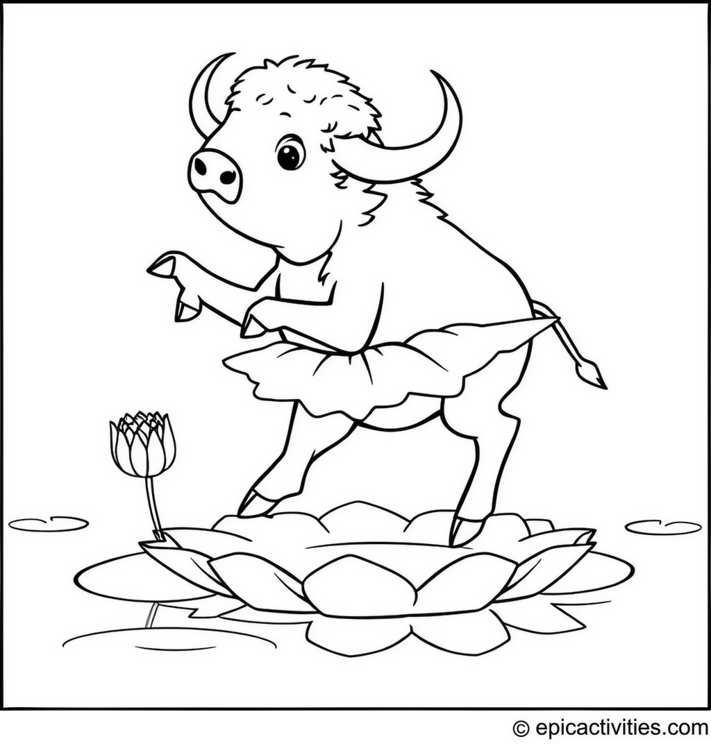 Coloring page of a buffalo dancing ballet on a lily pad in a pond