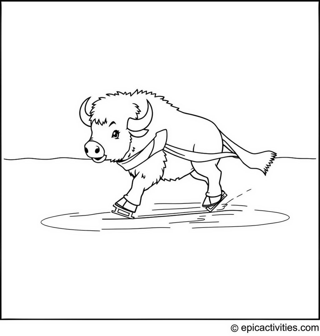 Coloring page of a Buffalo Ice Skating on a Frozen Lake