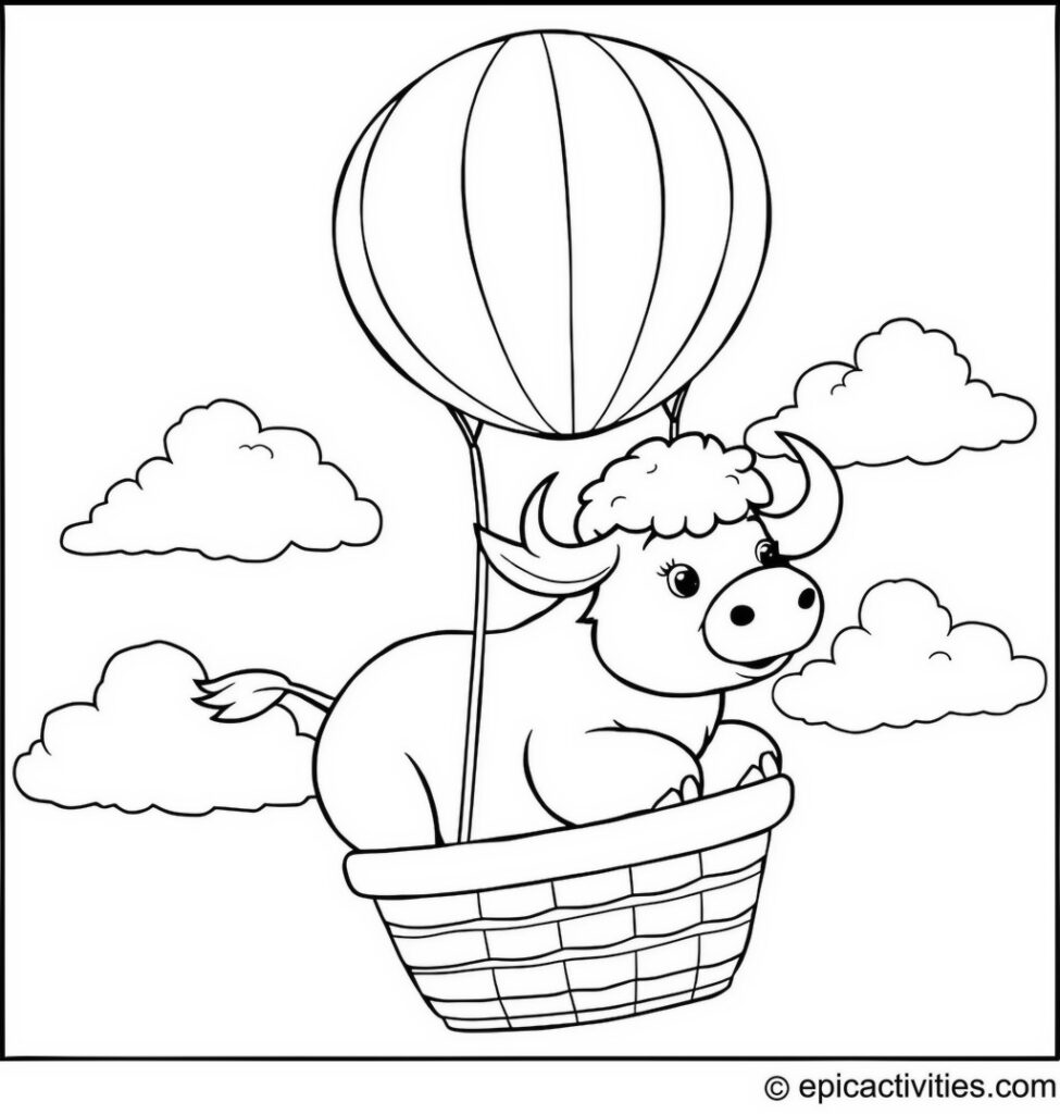 Coloring page of a Buffalo in a Hot Air Balloon