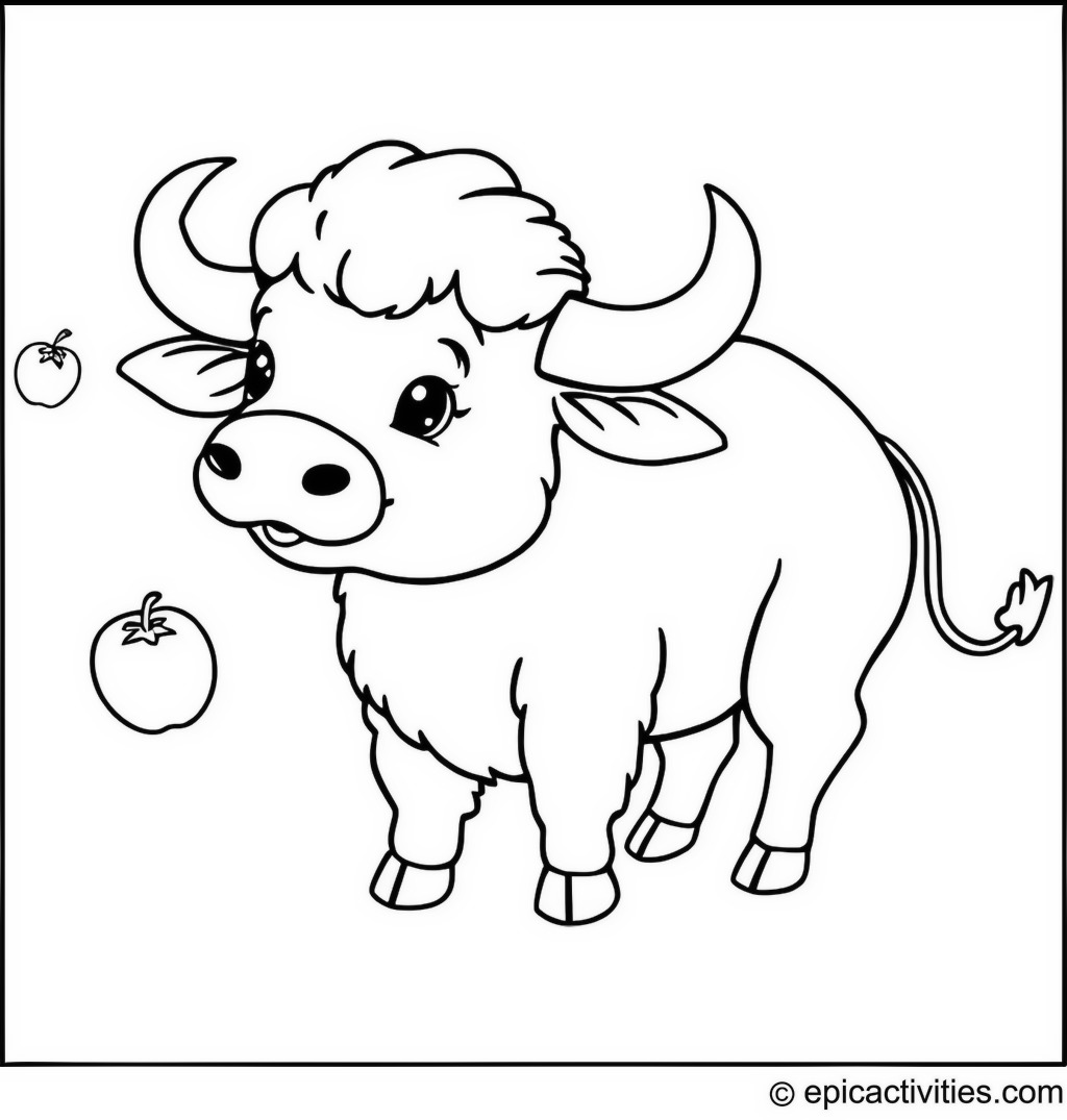 Coloring page of a buffalo juggling colorful fruits