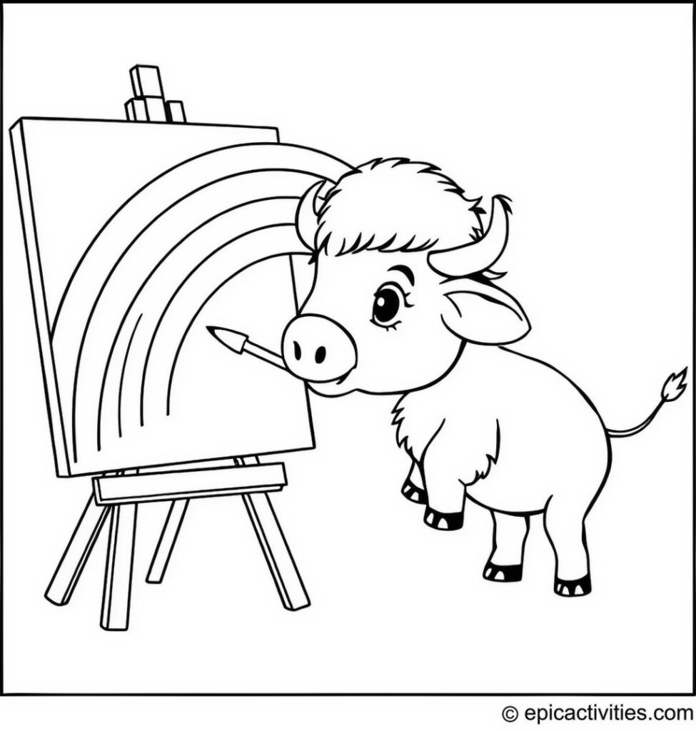 Coloring page of a Buffalo Painting a Rainbow on a Canvas