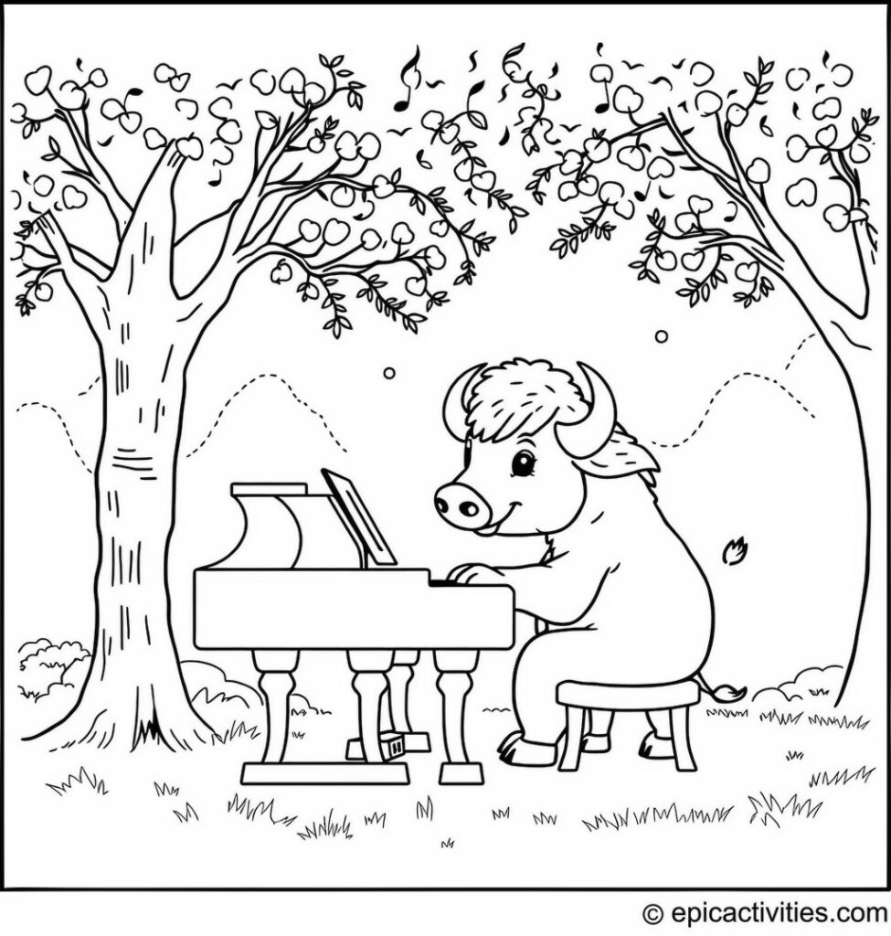 Coloring page of a buffalo playing the piano at a concert in a park
