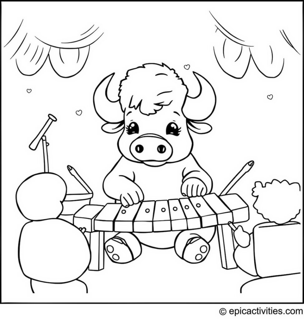 Coloring page of a Buffalo Playing Xylophone in Music Class