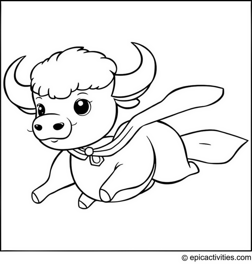 Coloring page of a buffalo superhero flying through the sky