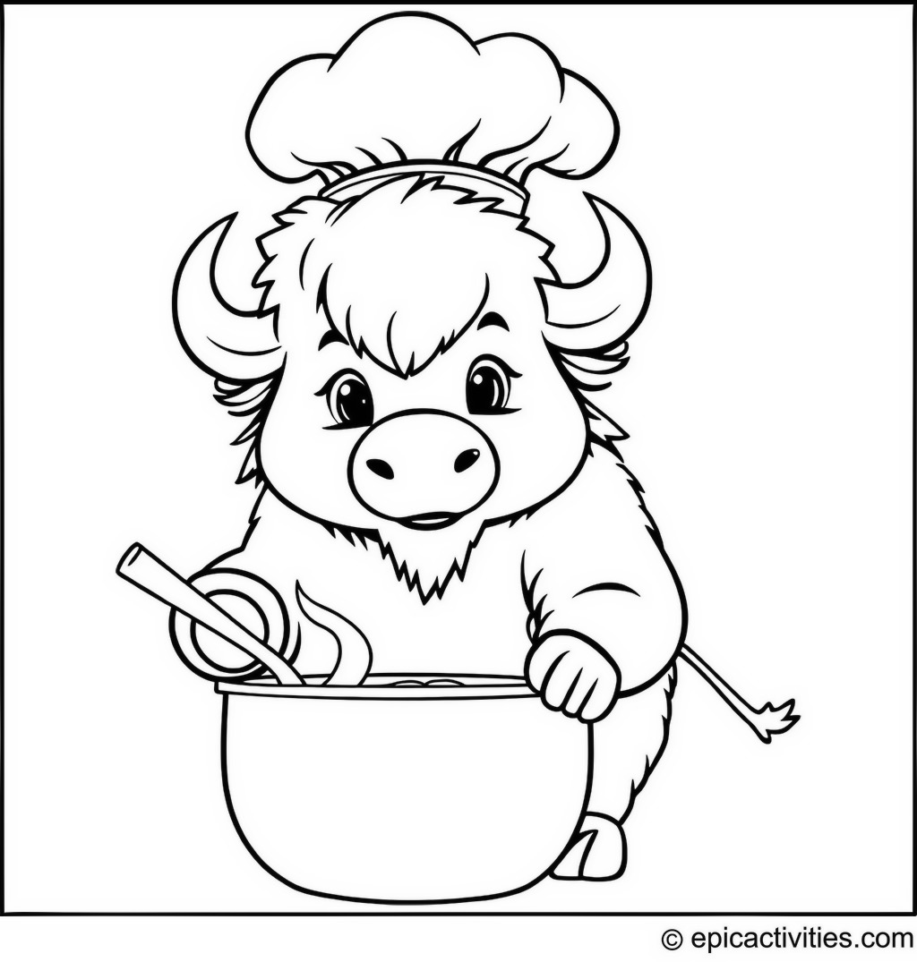 Coloring page of a Chef Bison Cooking Soup