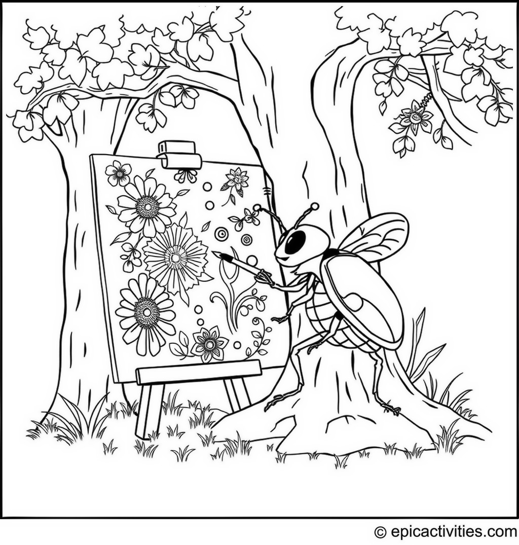 Coloring page of a Creative Beetle Painting a Mural on a Tree Trunk