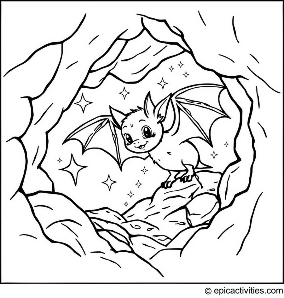 Coloring page of a curious bat exploring a sparkling cave