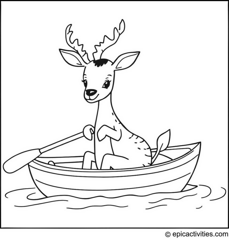 Coloring page of a Cute and Simple Antelope in a Rowboat with an Enchanted Oar