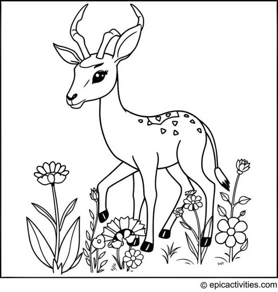 Coloring page of a Cute and simple antelope planting flowers in a garden