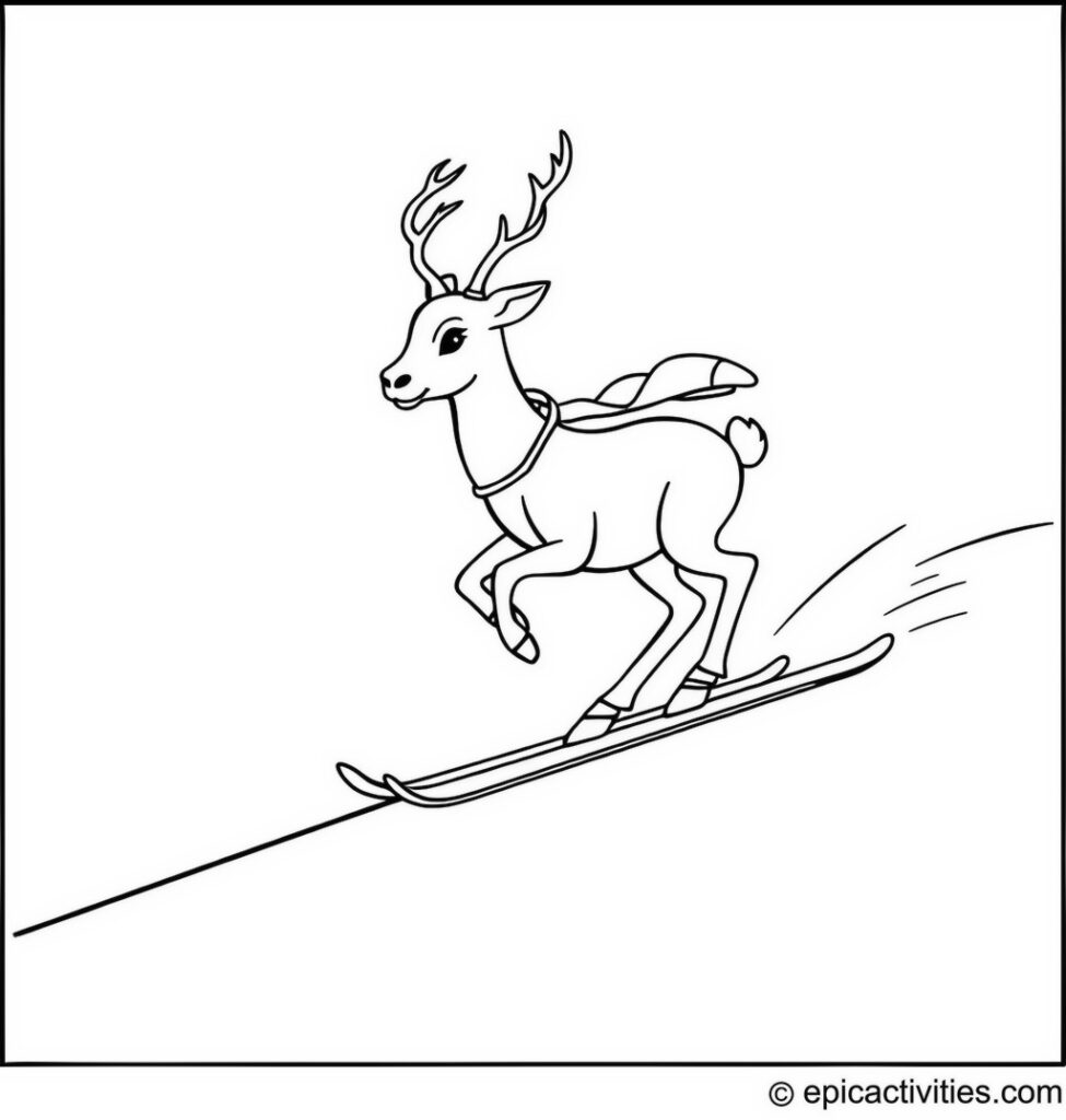Coloring page of a Cute and Simple Antelope Skiing Down a Snowy Hill