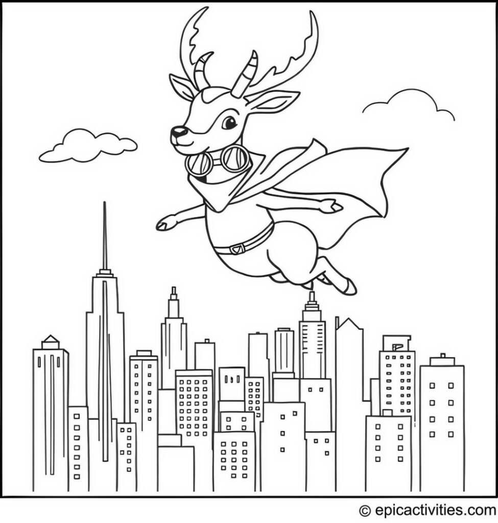 Coloring page of a Cute and Simple Antelope Superhero Flying Over the Cityscape