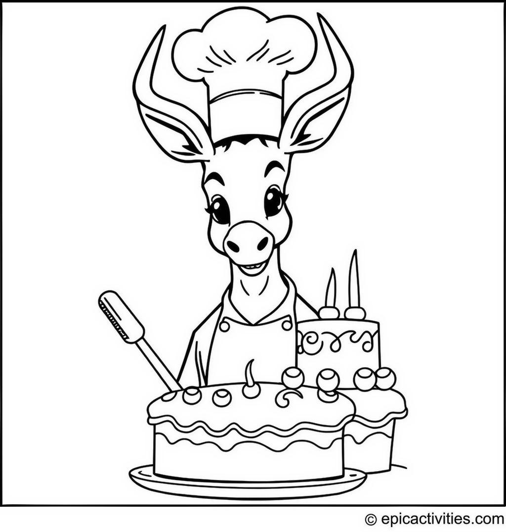 Coloring page of a Cute Antelope Baking a Cake While Wearing a Chef’s Hat