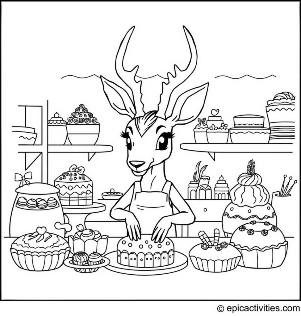Coloring page of a Cute Antelope Baking Delicious Pastries