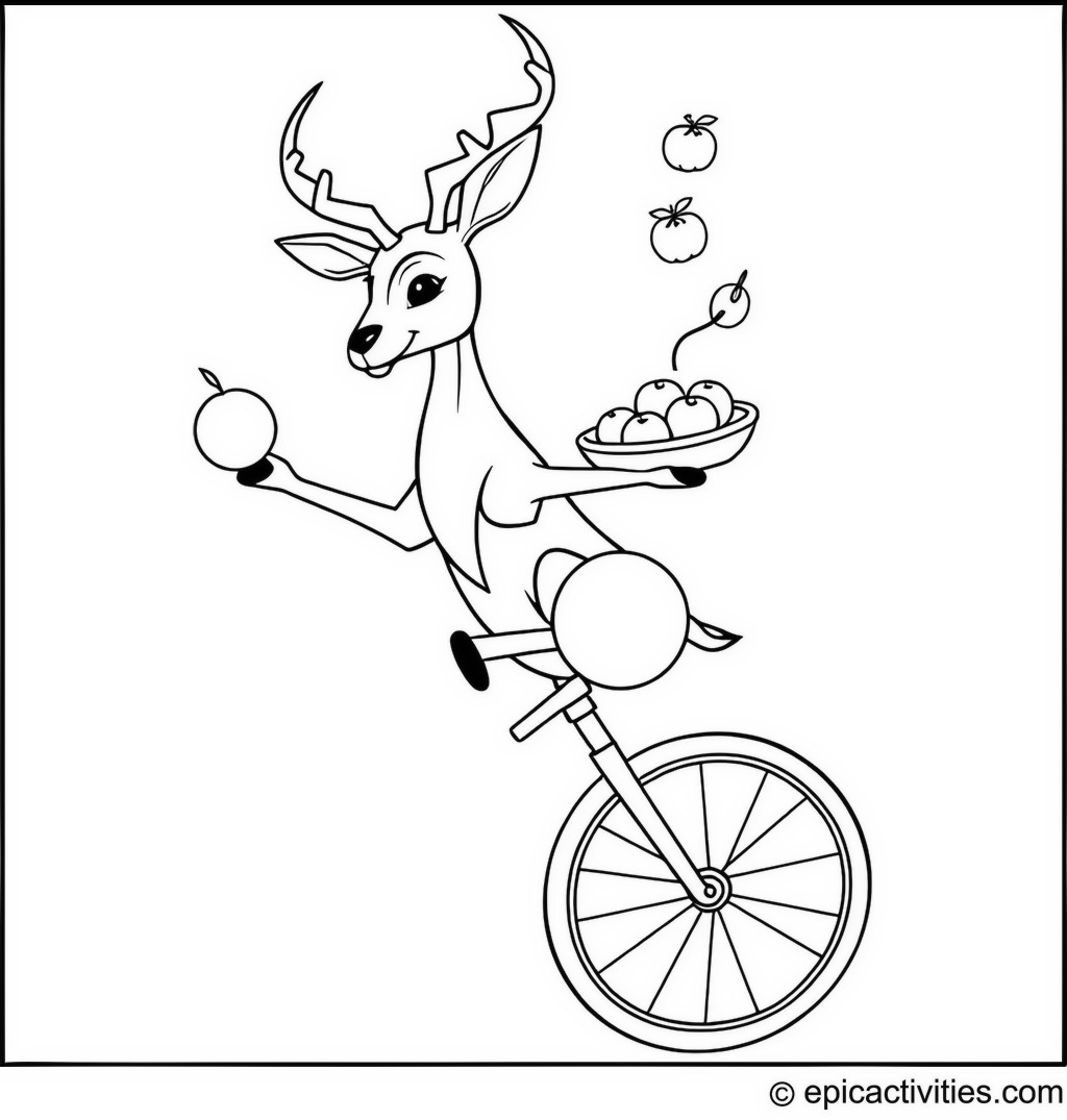Coloring page of a Cute Antelope Balancing on a Unicycle While Juggling Fruits