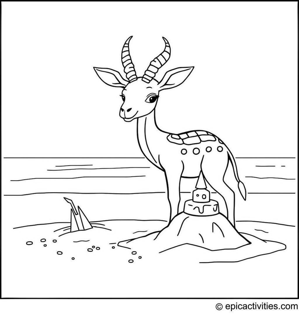 Coloring page of a Cute Antelope Building a Sandcastle on a Sunny Beach