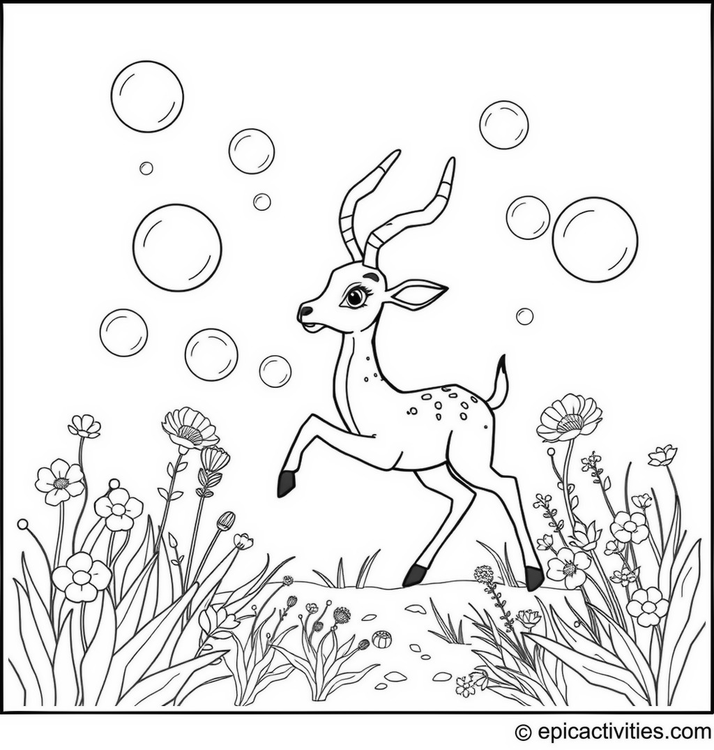 Coloring page of a Cute Antelope Chasing Floating Bubbles in a Fantasy Garden