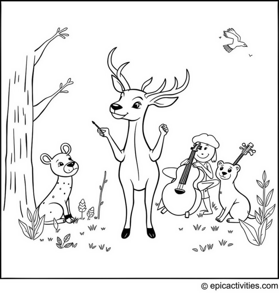 Coloring page of a Cute Antelope Conductor and Forest Animal Orchestra