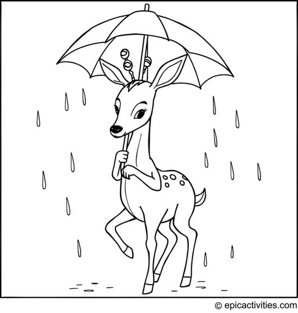 Coloring page of a Cute Antelope Dancing in the Rain with an Umbrella