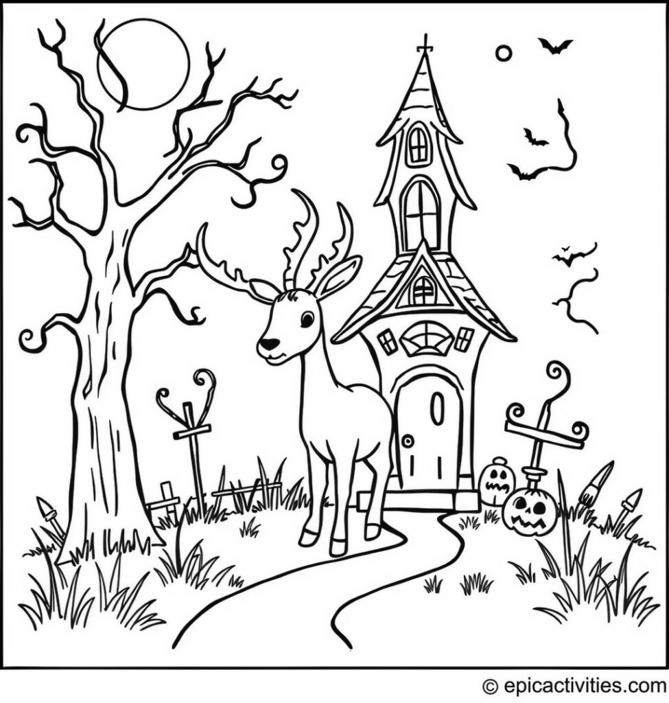 Coloring page of a Cute Antelope Exploring a Spooky Haunted House
