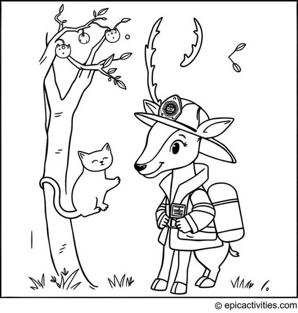 Coloring page of a Cute Antelope Firefighter Rescuing a Cat