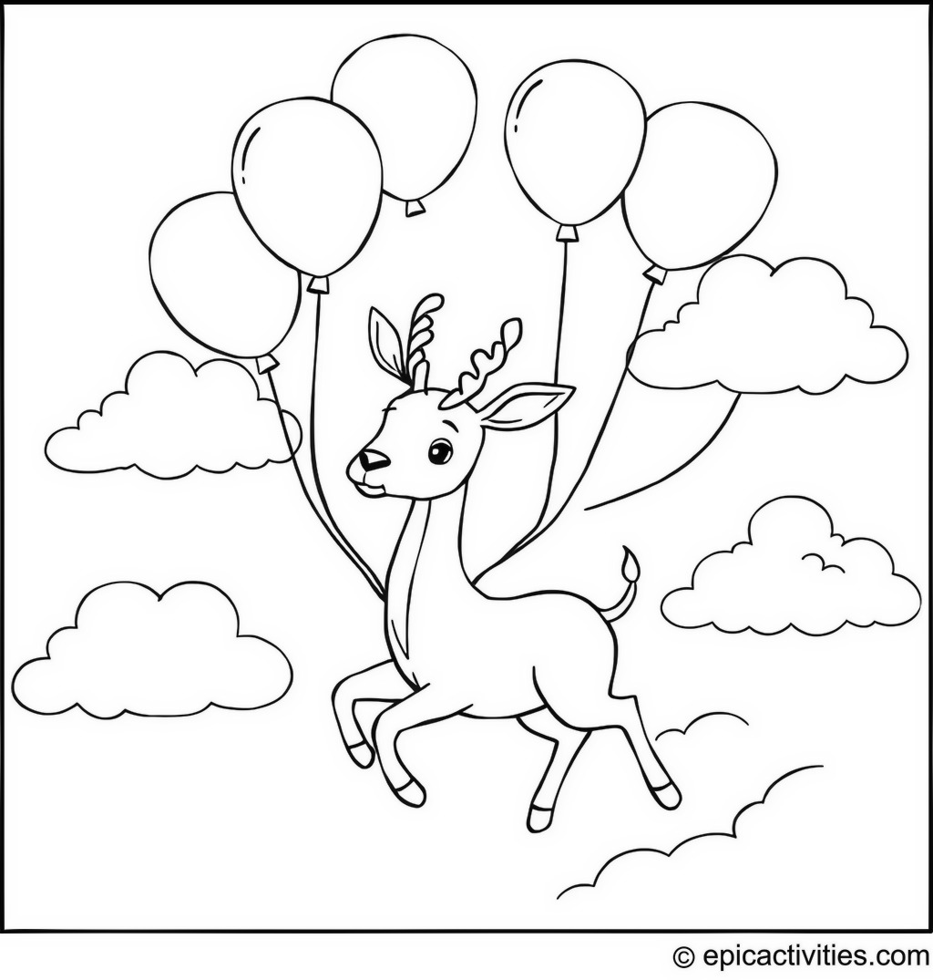 Coloring page of a Cute Antelope Floating with Balloons in the Sky