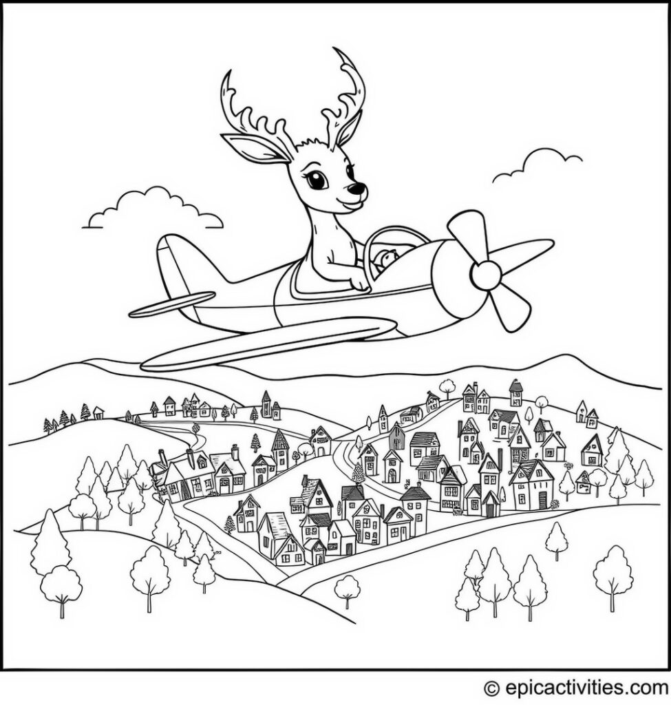 Coloring page of a Cute Antelope Flying a Propeller Plane