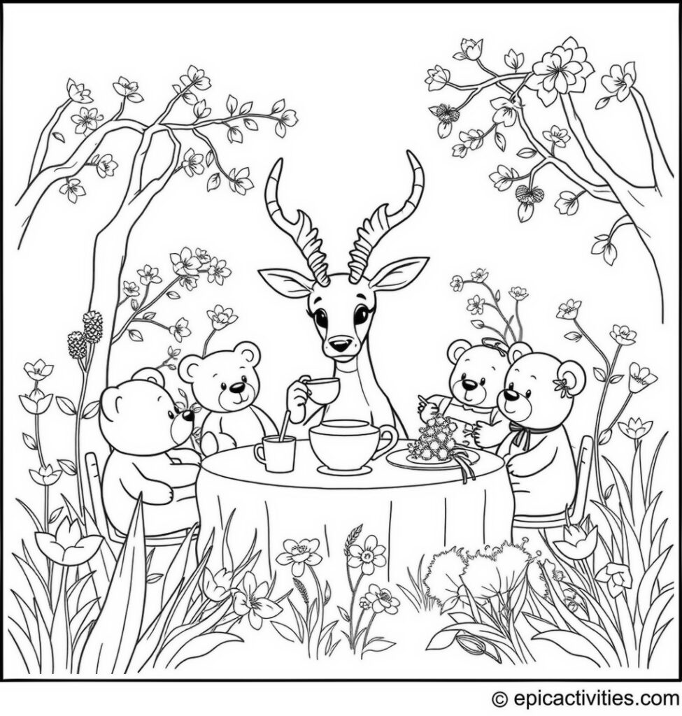 Coloring page of a Cute Antelope Hosting a Tea Party
