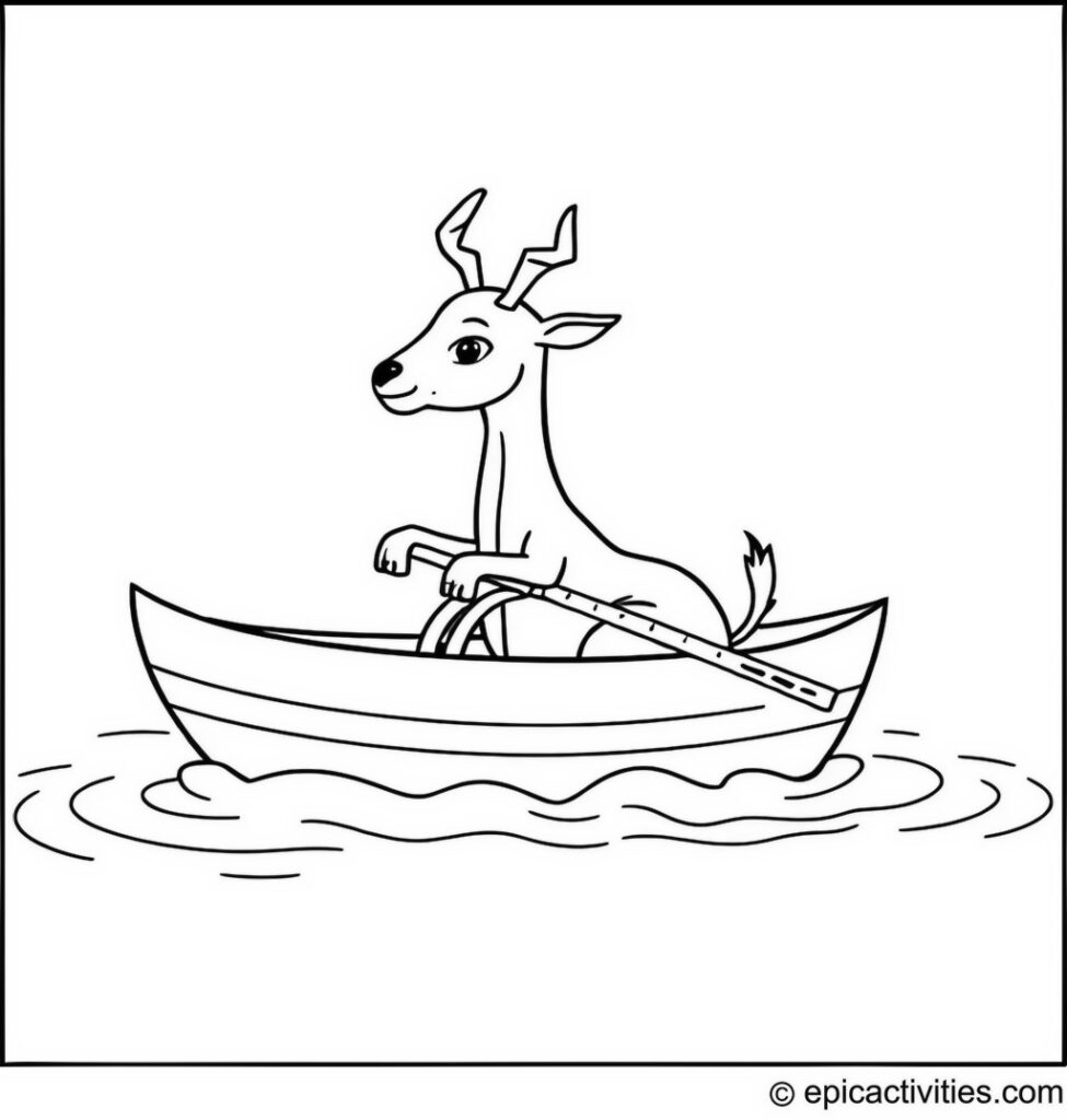 Coloring page of a Cute Antelope in a Boat Paddling Down a Whimsical River
